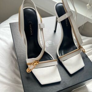 Versace White Heels with Gold Zipper Detail
